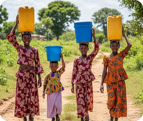 four young girls carrying gerrycan