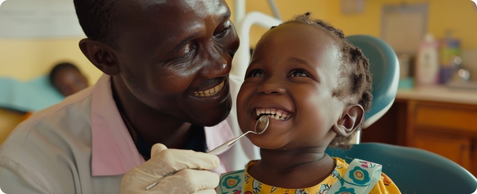 A smiling girl receiving a dental check-up with a dental explorer probe, highlighting the World Health Day 2026 Together for Health initiative for rural oral healthcare.