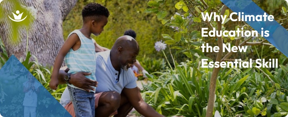 An African father and his two children working together in a lush green garden, representing the importance of climate education for youth in Africa in 2026.
