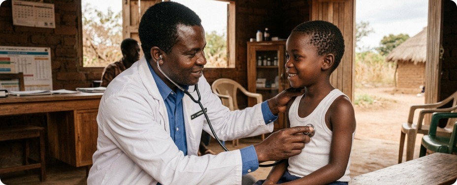 A smiling doctor using a stethoscope to examine a happy child in a rural community, demonstrating the World Health Day 2026 Together for Health mission to bridge the care gap.