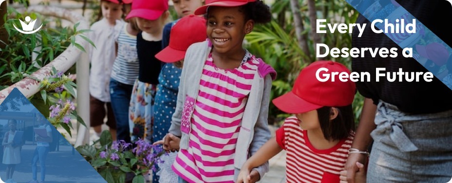 A group of smiling, happy children sitting in a lush community garden, showcasing the positive impact of climate education for youth in Africa in 2026.