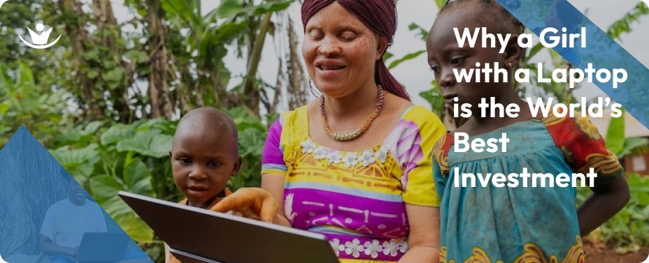 An African mother smiling as she shows her young daughter how to use a laptop, illustrating the generational impact of digital literacy for girls in Africa in 2026.