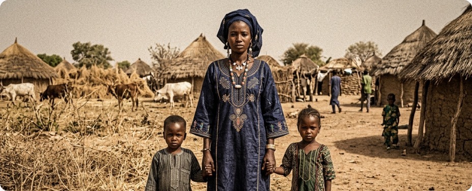 An African mother standing protectively with her two children, illustrating the shield of safety and the innocence of the next generation.