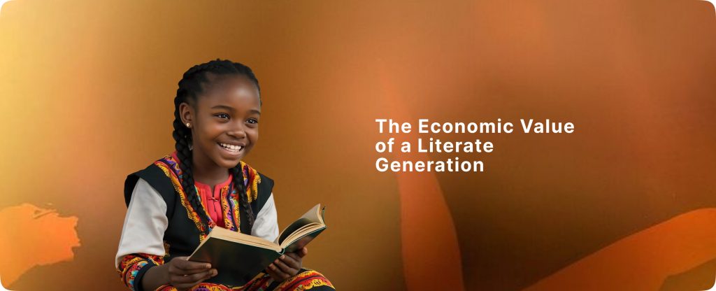 A smiling little girl holding a book in her hand, showing the positive World Book Day 2026 impact through our literacy program.
