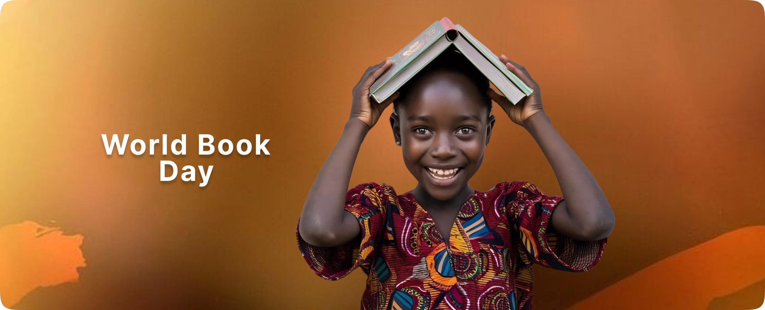 A little African girl happily balancing a book on her head to celebrate World Book Day 2026 impact in her rural community.