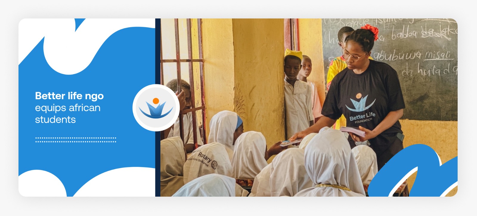 A Better Life NGO team member sharing books and educational equipment for students in Africa during a remote primary school outreach.