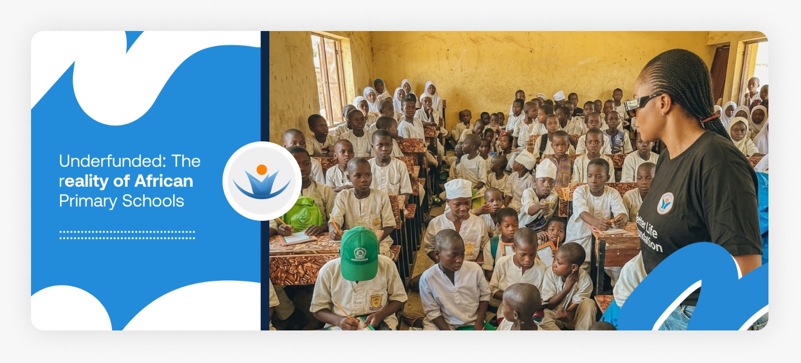 A Better Life NGO outreach lady distributing books to children sitting on the bare concrete floor due to a lack of primary school support in Africa.