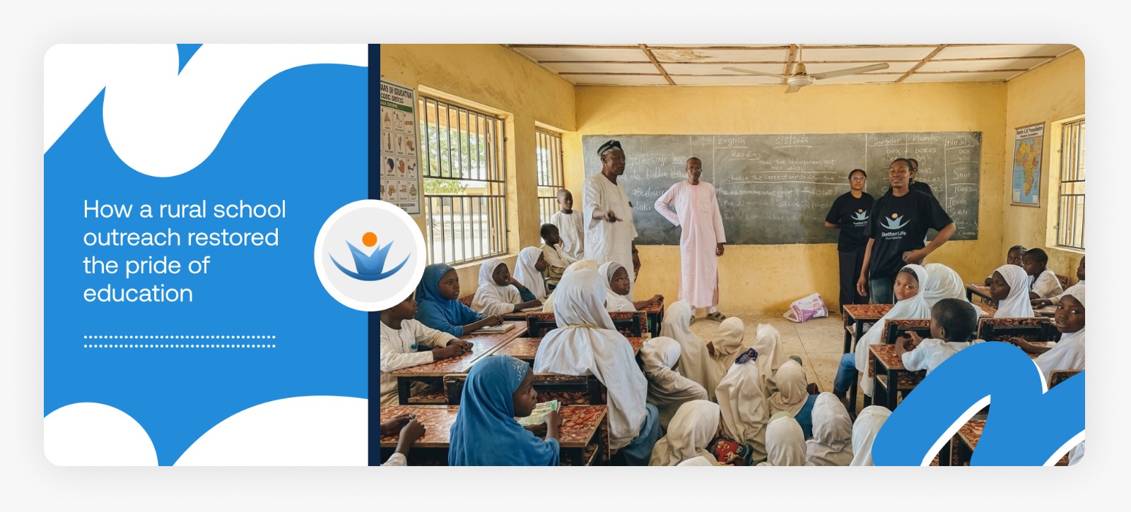 Better Life NGO outreach staff standing inside a classroom with a rural primary school teacher after delivering items funded by charitable donations for schools in Africa.