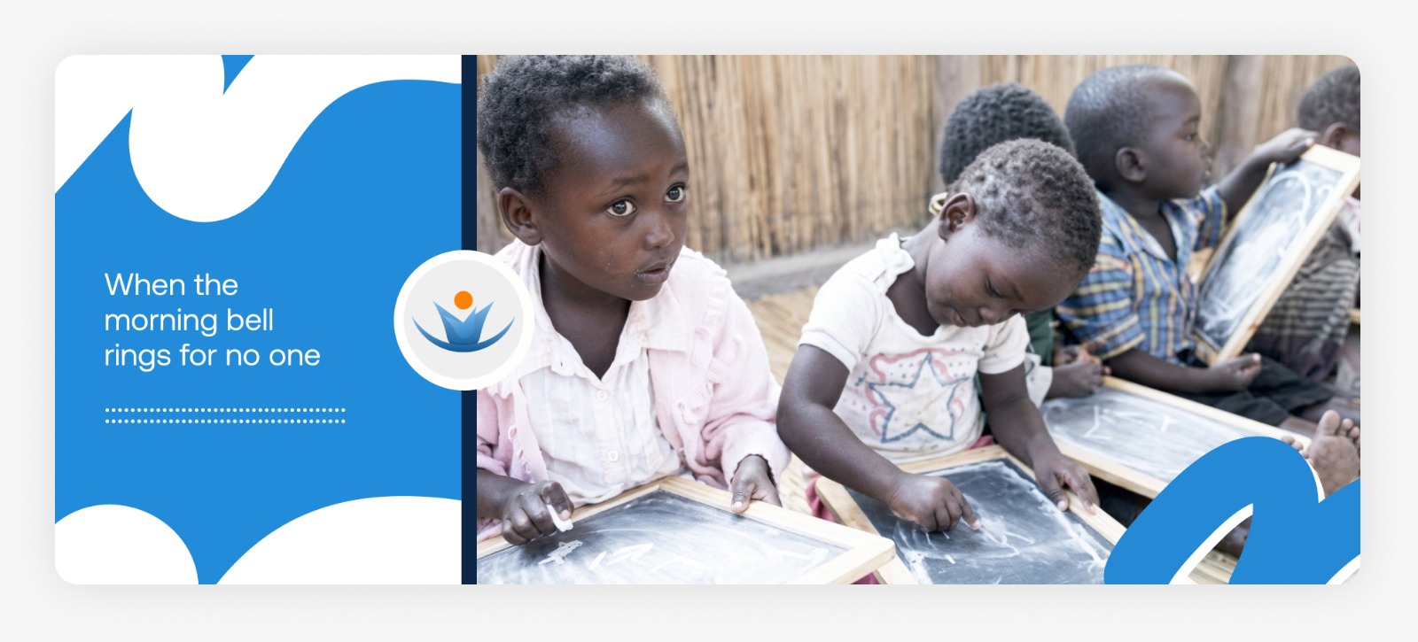 A group of young students in blue and white school uniforms sitting at wooden desks and writing in notebooks inside a Better Life Charity NGO classroom, demonstrating the real-world impact of education for young orphans in Africa.