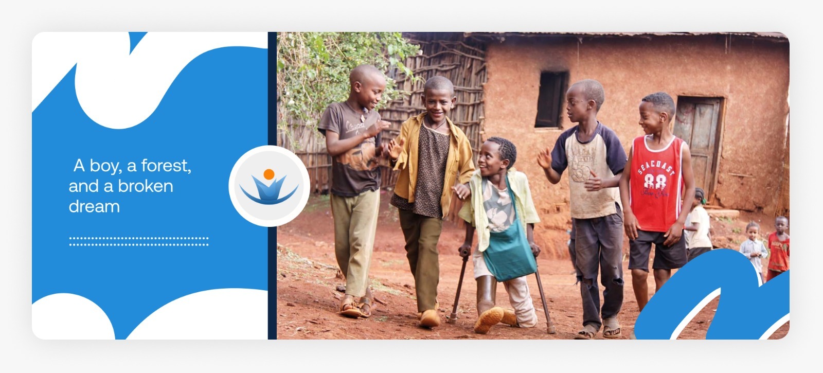 A young crippled boy standing on makeshift bamboo crutches among a group of playing children, illustrating the need for supporting disabled children in rural Africa in 2026.