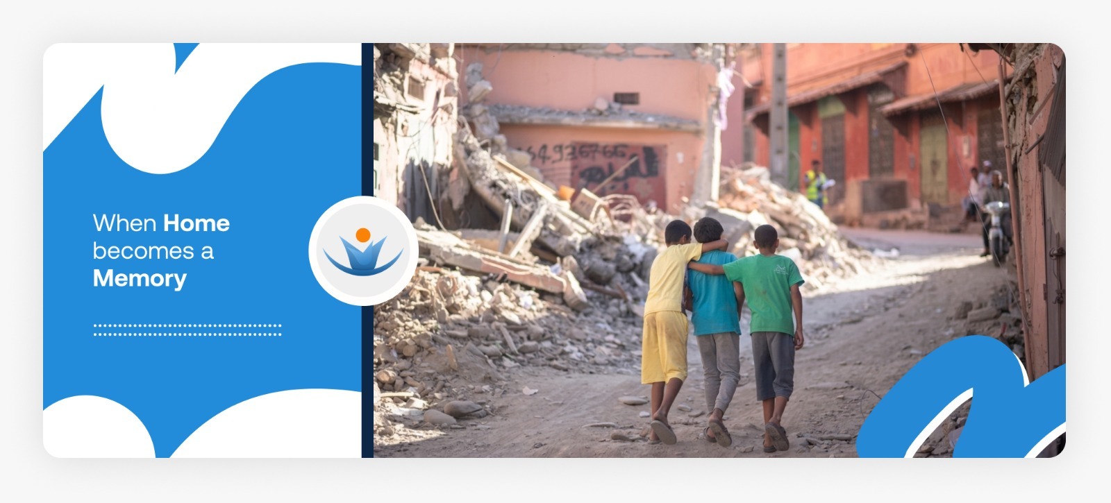 Three young boys walking together as friends through a destroyed street in a crisis zone, showing the need for support for shattered communities in North Africa.