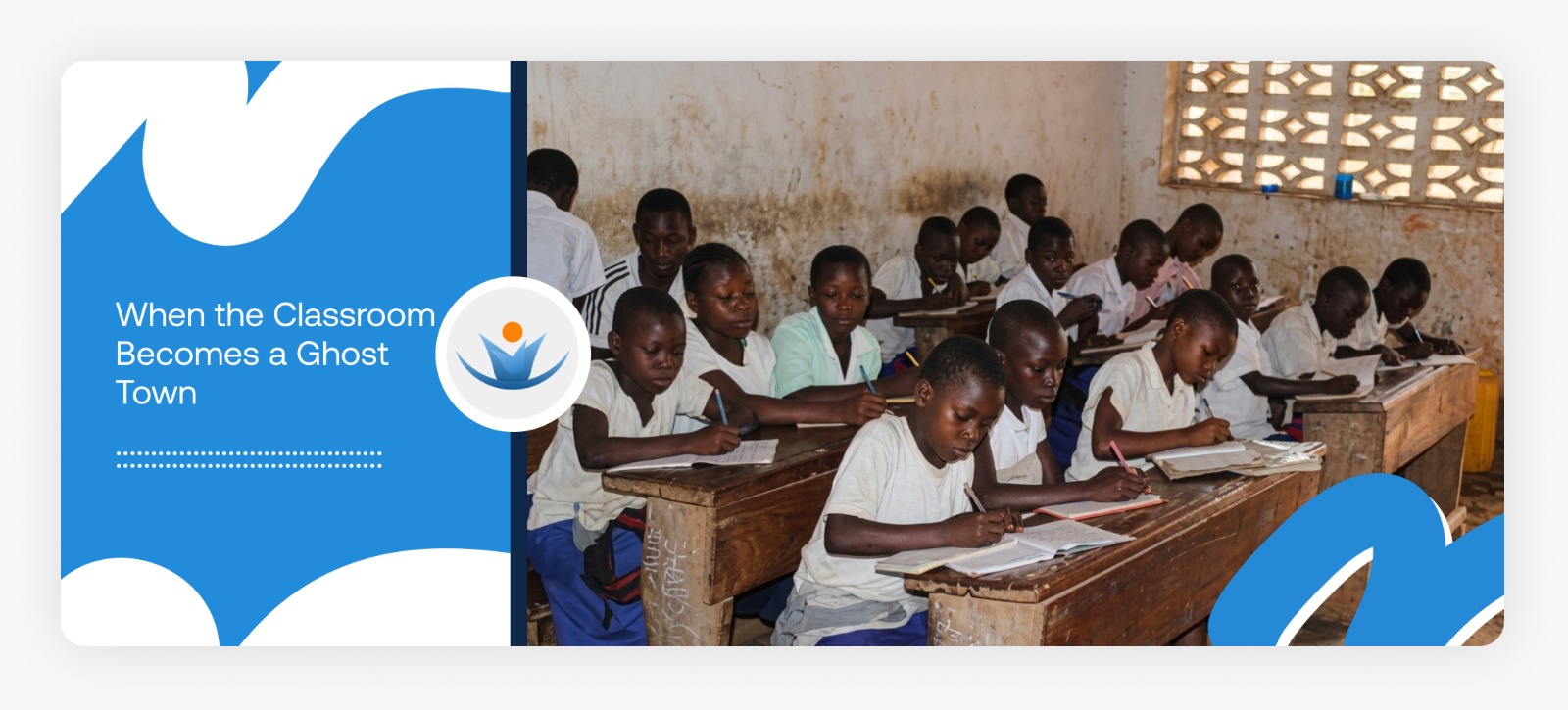 A group of young children sitting at desks and learning in a classroom, showing the life-changing impact of education for children in conflict zones in Africa.