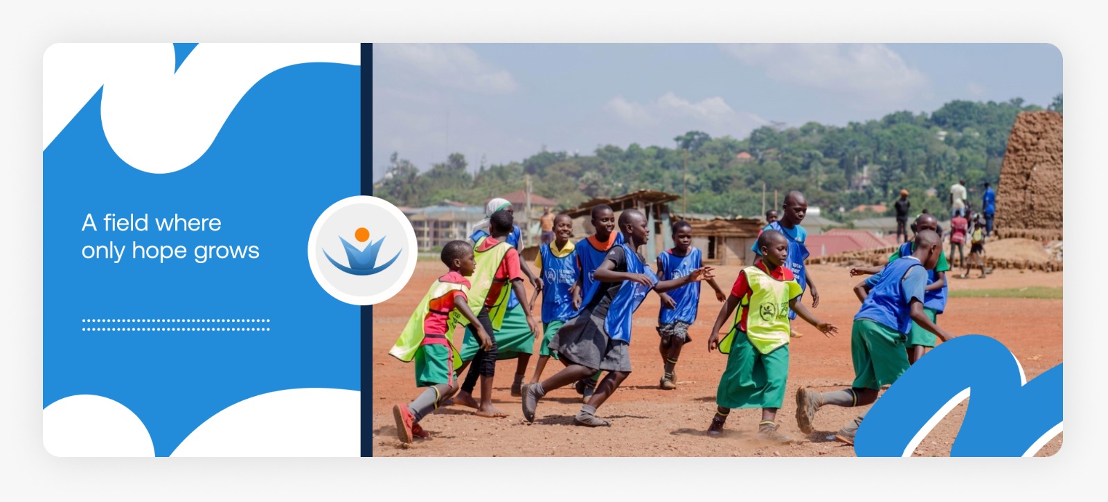 Happy kids running and playing football with a homemade rag ball on a dirt field in a rural African village, highlighting the need for support for youth sports in Africa.