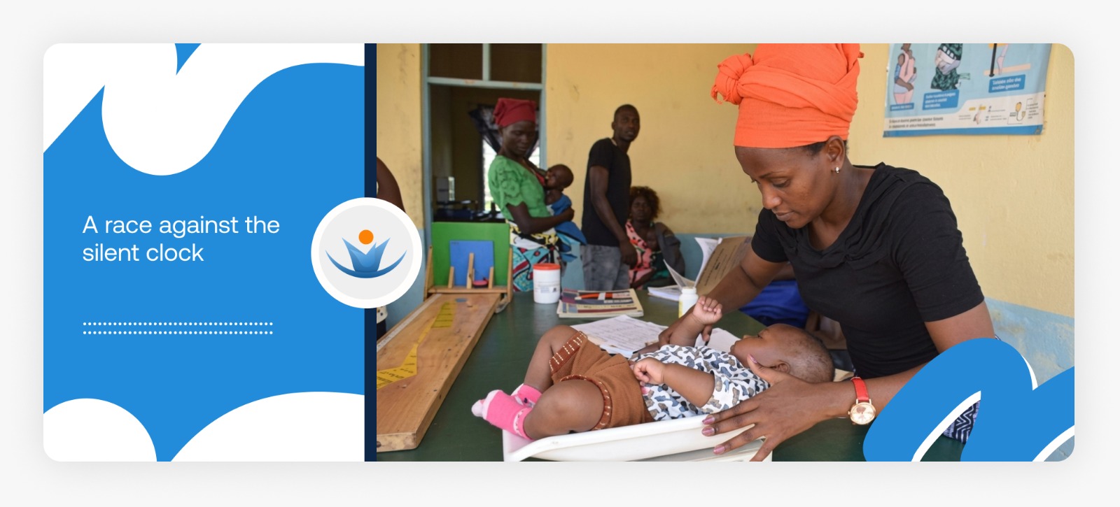 A smiling mother helping her young child stand on a medical weighing scale inside a community clinic, showcasing the real-world impact of our support for maternal and newborn health in Africa.