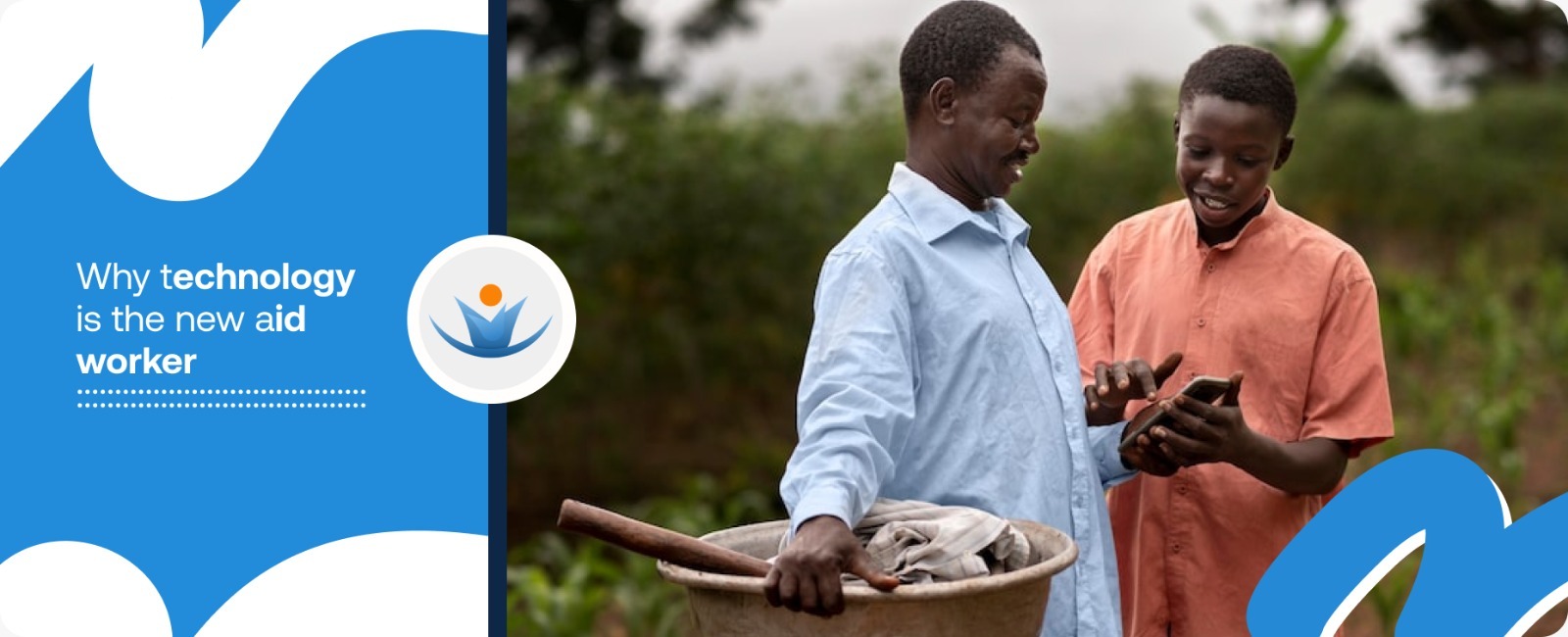 An excited field worker showing a digital mobile application to a local farmer in his field, demonstrating the real-world impact of NGO digital transformation 2026.