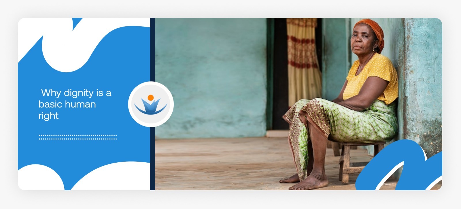 An elderly woman sitting on a local wooden stool outside a crumbling mud house, reflecting the urgent need for dignity and basic human rights in 2026.