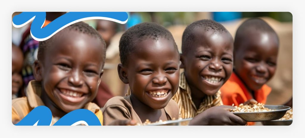 Hungry-looking school children holding plates of food in their hands and smiling as they receive support through a local nutrition network