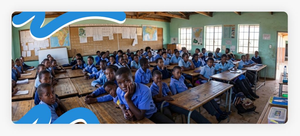 Primary school students sitting inside their classroom during a lesson, highlighting the daily learning experience in an underserved community.